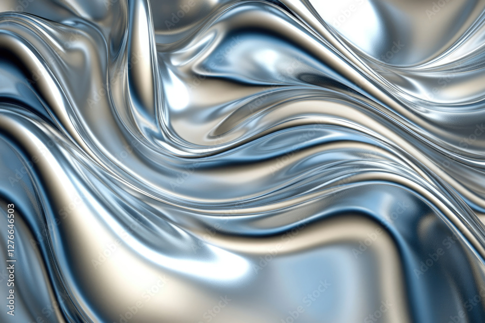 Poster Abstract image of flowing metallic silver fabric with soft, elegant waves and reflective surface.
