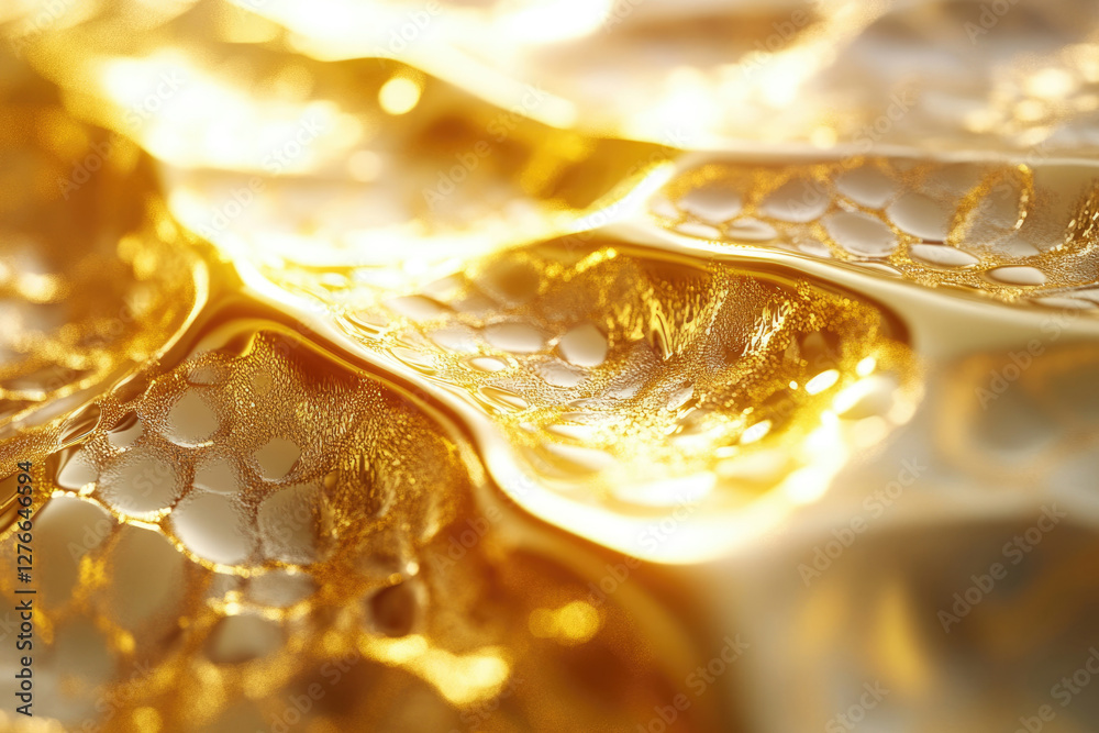Poster liquid gold flowing, shimmering with light, creating abstract texture.