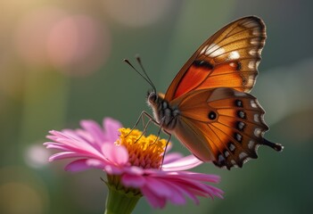 Fototapeta premium Butterfly perched on a fully bloomed pink rose with vibrant yellow-orange wings, set against a warm, glowing backdrop ideal for nature and floral-themed designs