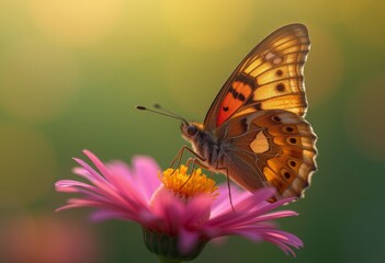 Fototapeta premium Butterfly perched on a fully bloomed pink rose with vibrant yellow-orange wings, set against a warm, glowing backdrop ideal for nature and floral-themed designs