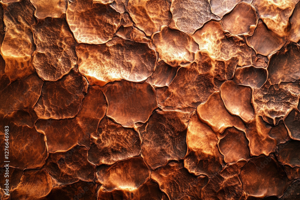 Poster intricate copper texture with deep brown hues and irregular, overlapping shapes resembling cracked e