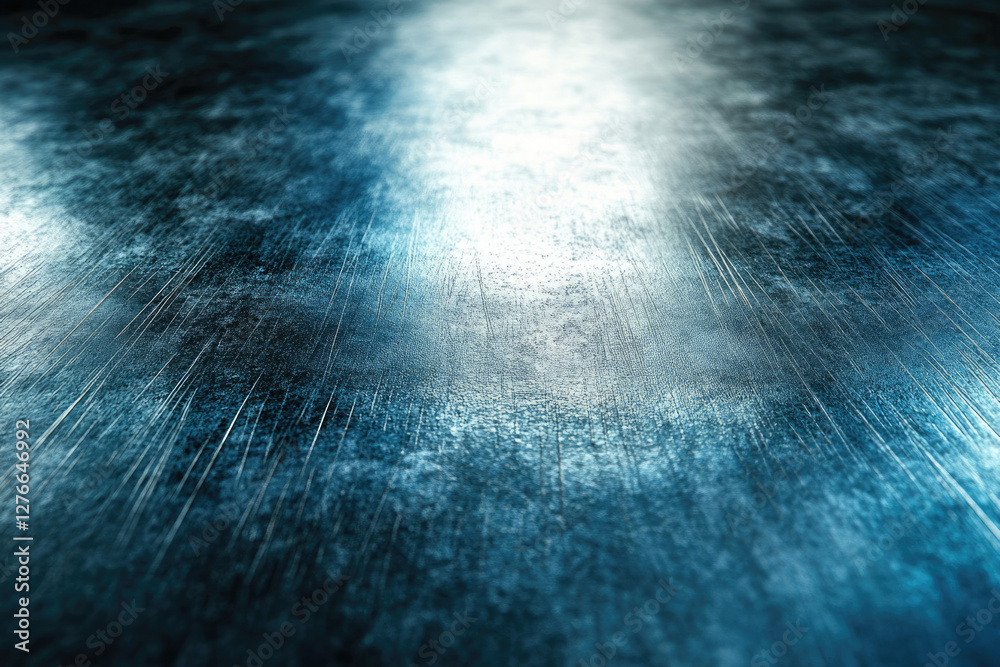 Poster scratched metallic surface, illuminated by a bright light source, creating a dramatic, textured back