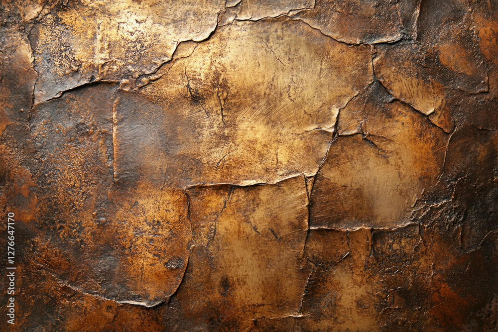 Poster cracked metallic surface with bronze and brown tones, creating a textured background.