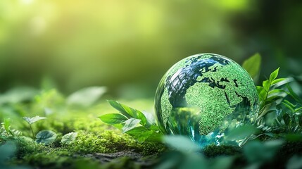 A Green Globe Model Set Against a Background of Green Plants and Moss, Conveying an Environmental Protection Theme