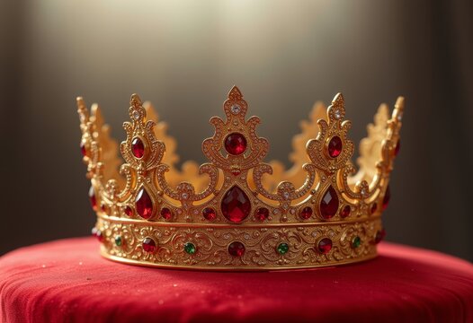 Intricately designed golden crown adorned with green and red gemstones, placed on a luxurious red velvet cushion, perfect for regal and royal-themed designs