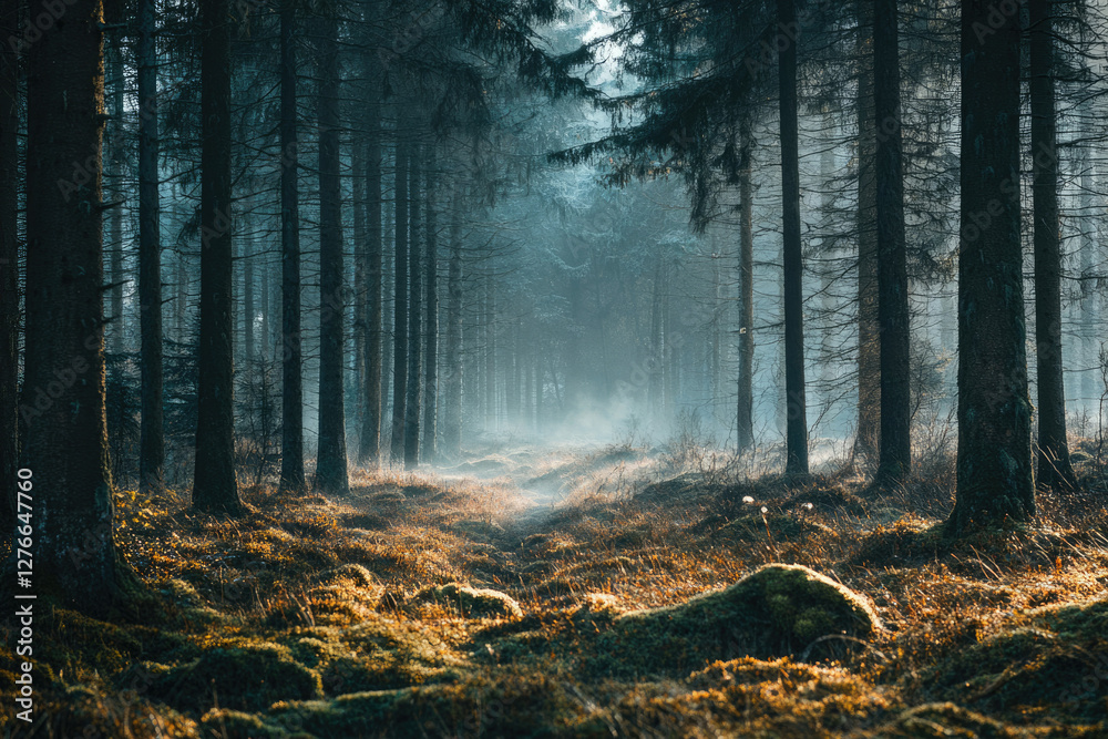 Poster Sunlit path through a misty pine forest, creating a magical, serene atmosphere.