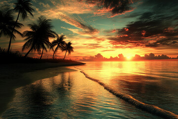 Stunning sunset over a tropical beach with palm trees silhouetted against the vibrant sky.