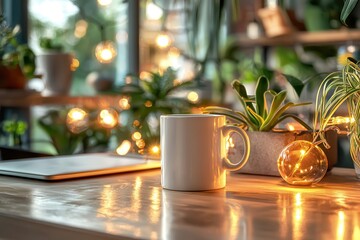 home-based business operation Cozy workspace with a mug, plants, and warm string lights.