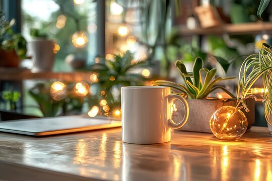 home-based business operation Cozy workspace with a mug, plants, and warm string lights.