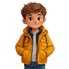 A cartoon boy is wearing a yellow jacket and blue jeans isolated on transparent background.PNG