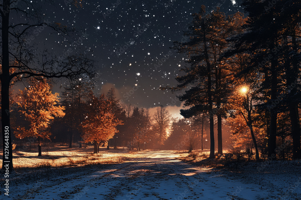 Poster a snowy path winds through a forest bathed in the warm glow of sunset under a starlit sky.