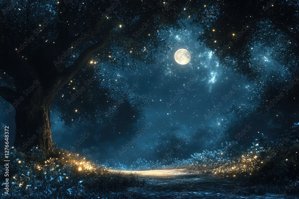 Poster magical moonlit forest path illuminated by fireflies under a starry night sky.