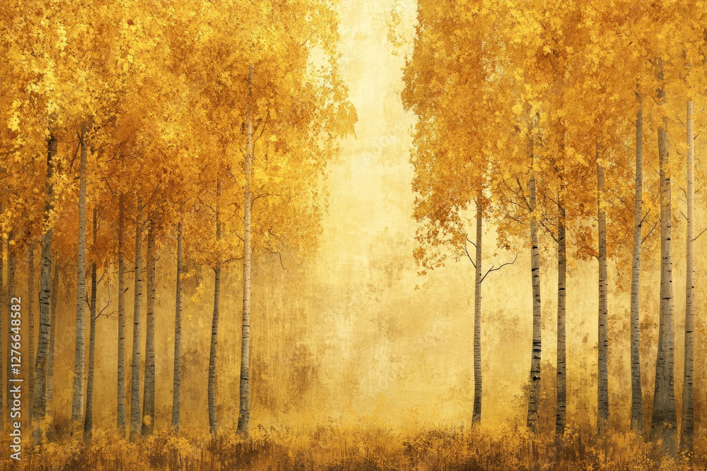 Poster golden aspen trees in autumn forest, bathed in warm sunlight, creating a serene and peaceful atmosph