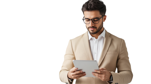 Indian Man in Formal Suit Holding a Tablet on White Background