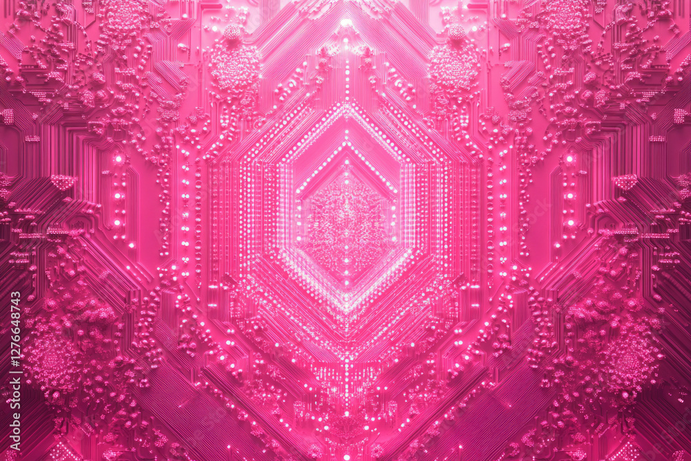 Aufkleber abstract pink circuit board design with a symmetrical, kaleidoscopic pattern, glowing brightly.