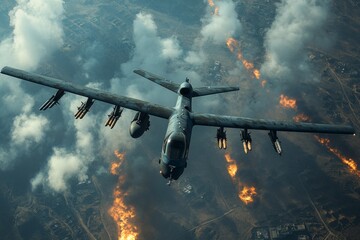 Military aircraft flying over burning city launching rockets during air strike