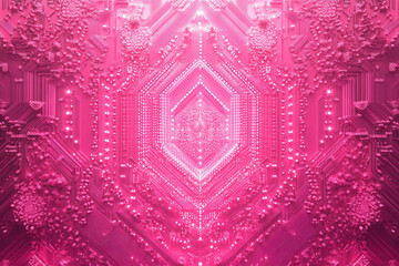 Abstract pink circuit board design with a symmetrical, kaleidoscopic pattern, glowing brightly.