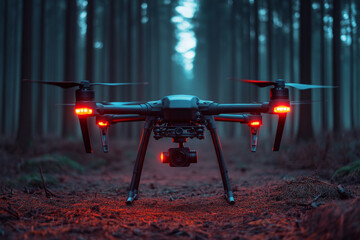 Modern quadcopter drone with camera and red navigation lights flying in dark foggy forest at night
