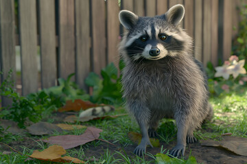 Fototapeta premium A curious raccoon standing in a suburban backyard, its fluffy gray fur