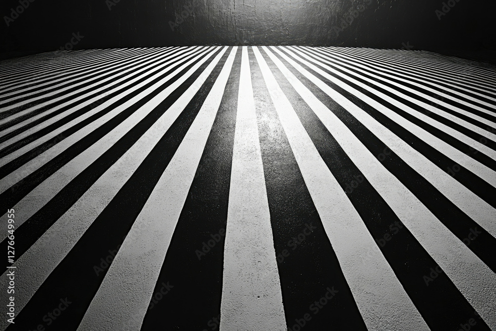 Poster black and white stripes converging at a vanishing point, creating a strong sense of depth and perspe
