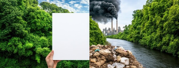 Contrast between pristine forest and polluted river showcasing environmental degradation and potential restoration efforts