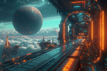 Futuristic spaceship corridor overlooking a cloudy planet with other futuristic structures, neon lights.