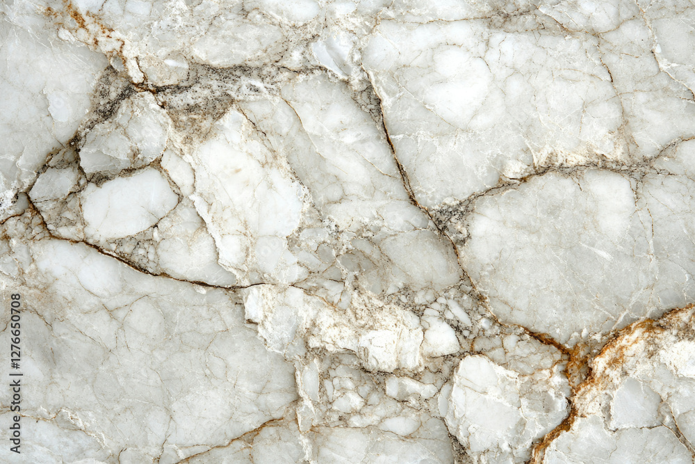 Aufkleber close-up of a white marble texture with brown and grey veins, showing natural cracks and patterns.