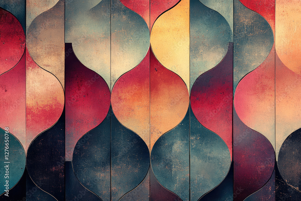 Poster Abstract geometric pattern with teardrop shapes in muted reds, oranges, and blues.