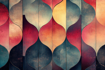 Abstract geometric pattern with teardrop shapes in muted reds, oranges, and blues.