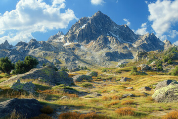 Majestic mountain peak dominates the landscape, showcasing rugged terrain and vibrant autumnal hues under a partly cloudy sky.