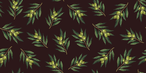 Watercolor olive branches seamless pattern For wallpaper olive oil wrapping paper Black background Floral print Botanical decoration Italian plant design Organic Natural