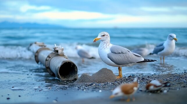 Seagulls gather on the beach near a submerged pipe under the cloudy sky at sunset with waves gently crashing on the shore
