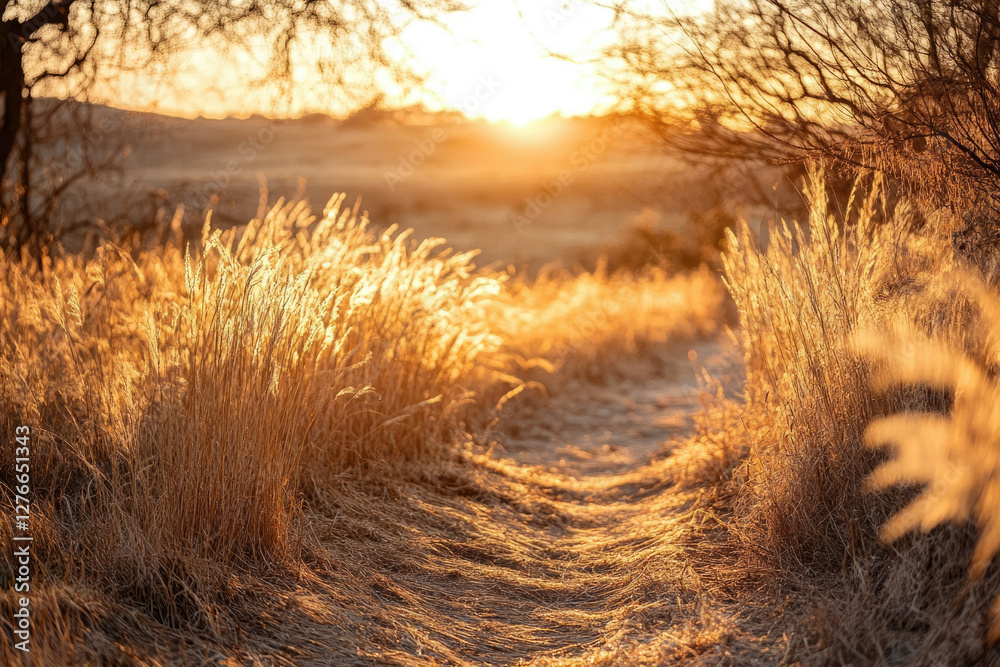 Poster sunset illuminates a path through golden tall grass, creating a serene and idyllic scene.