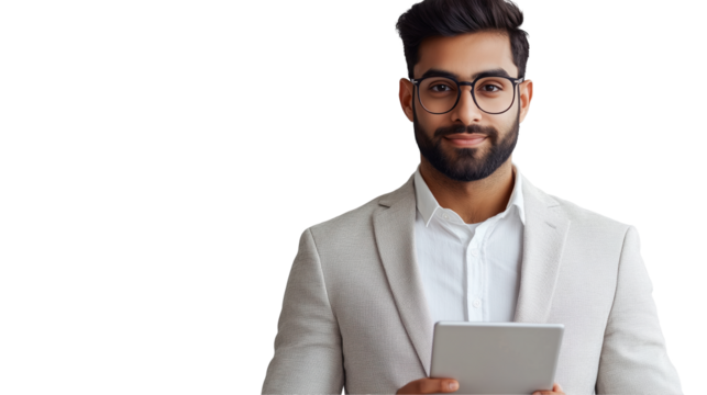 Indian Man in Formal Suit Holding a Tablet on White Background