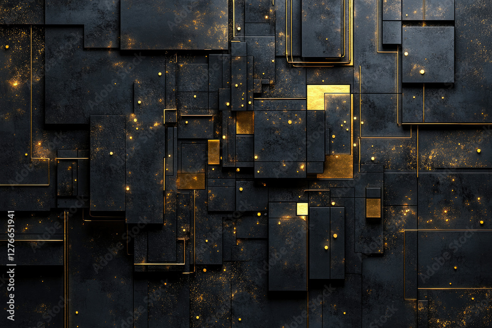 Poster abstract dark background with gold geometric shapes and glittering particles.