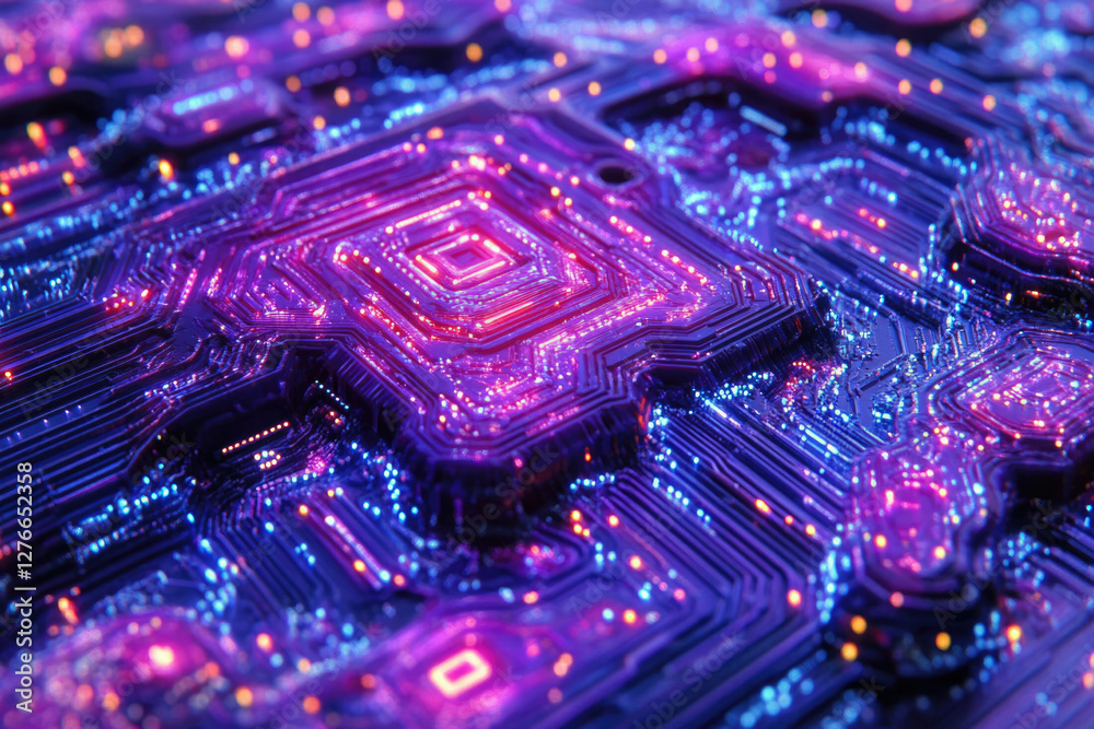 Poster Abstract close-up of a futuristic circuit board with glowing neon purple and pink pathways.