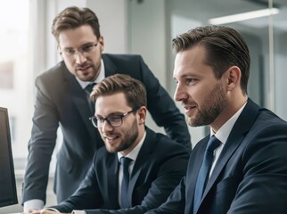 Collaborative Analysis: Three business professionals engage in a focused discussion, peering intently at a computer screen.
