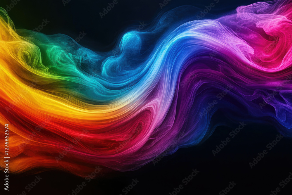 Poster abstract rainbow-colored waves flowing and swirling in a dark background.