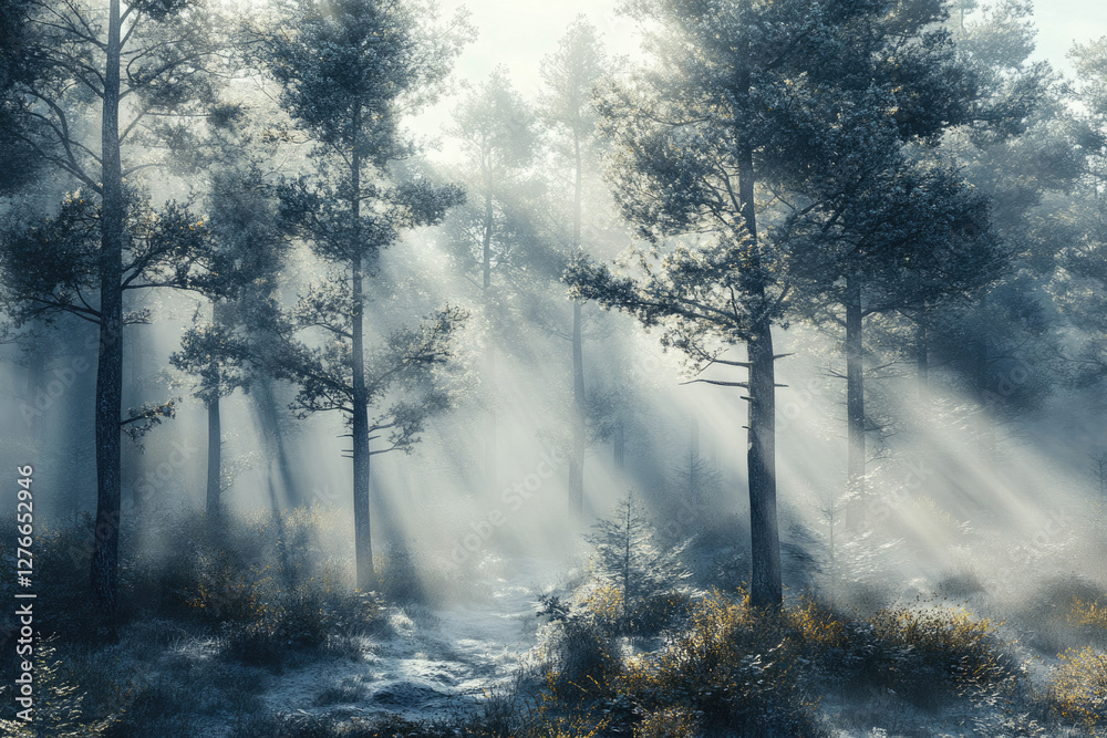 Poster sunbeams pierce a mystical winter forest, illuminating a path through snow-covered trees and undergr