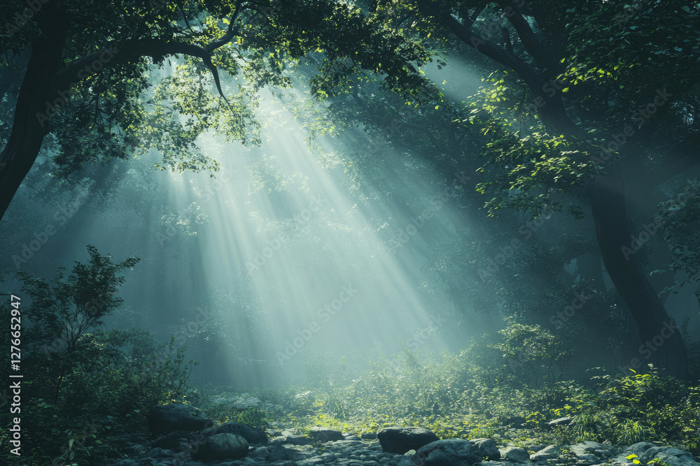 Poster sunbeams pierce a mystical forest, illuminating a tranquil stream and rocky path.