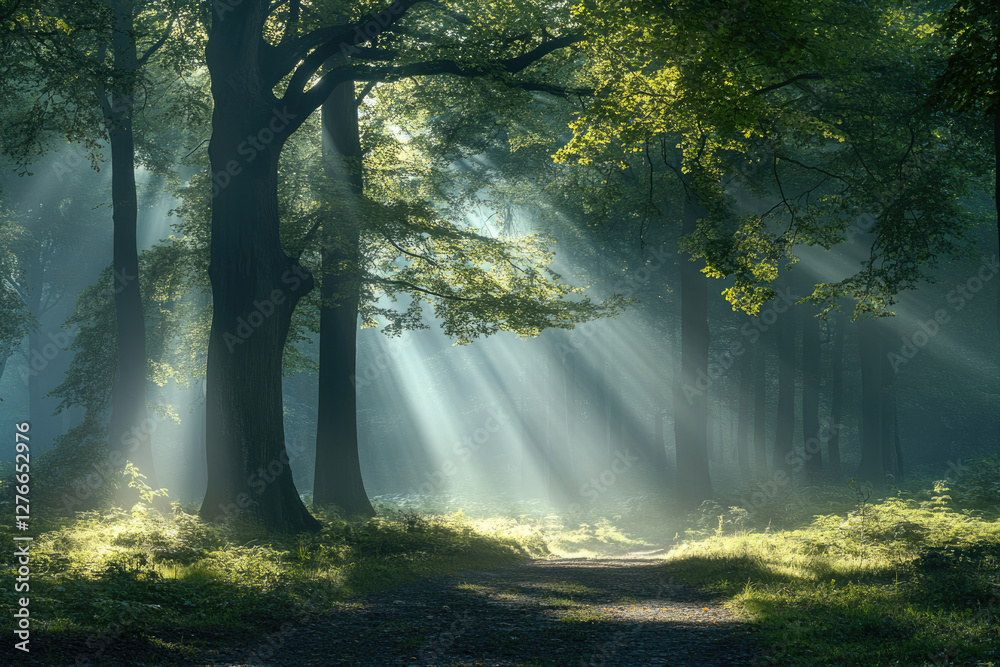 Aufkleber sunbeams pierce a misty forest, illuminating a path through ancient trees.