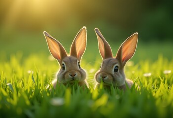 Obraz premium Two curious rabbits peeking out from the lush green grass under the warm sunlight creating a serene and enchanting natural setting