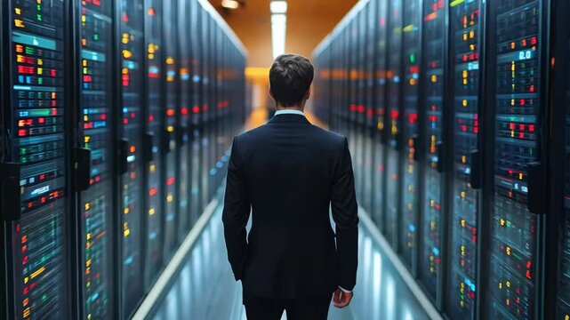 a buisnessman view from back Data center and computer servers with information background