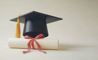 A black cap with a yellow tassel sits on top of a white graduation certificate