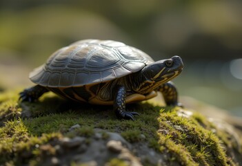 Obraz premium Turtle with patterned dark shell exploring mossy ground in a natural outdoor environment, showcasing its detailed texture and unique appearance