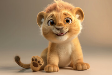 A cute 3D rendered lion cub baby illustration, designed in a cheerful children's cartoon animation style