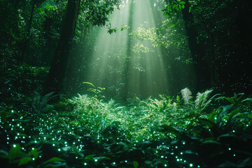 Enchanted forest floor glowing with fireflies, sunbeams piercing the dense canopy.
