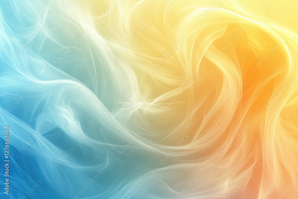Poster abstract background with flowing, translucent blue and yellow waves creating a dreamy, ethereal effe