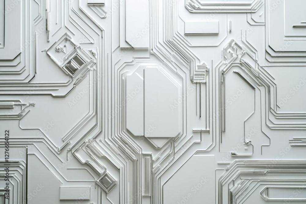 Poster Abstract white circuit board design with intricate pathways and components, showcasing futuristic technology.
