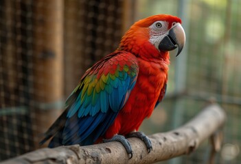 Obraz premium Vibrant macaw parrot perched on a branch inside a cage with detailed feathers in shades of red, green and blue